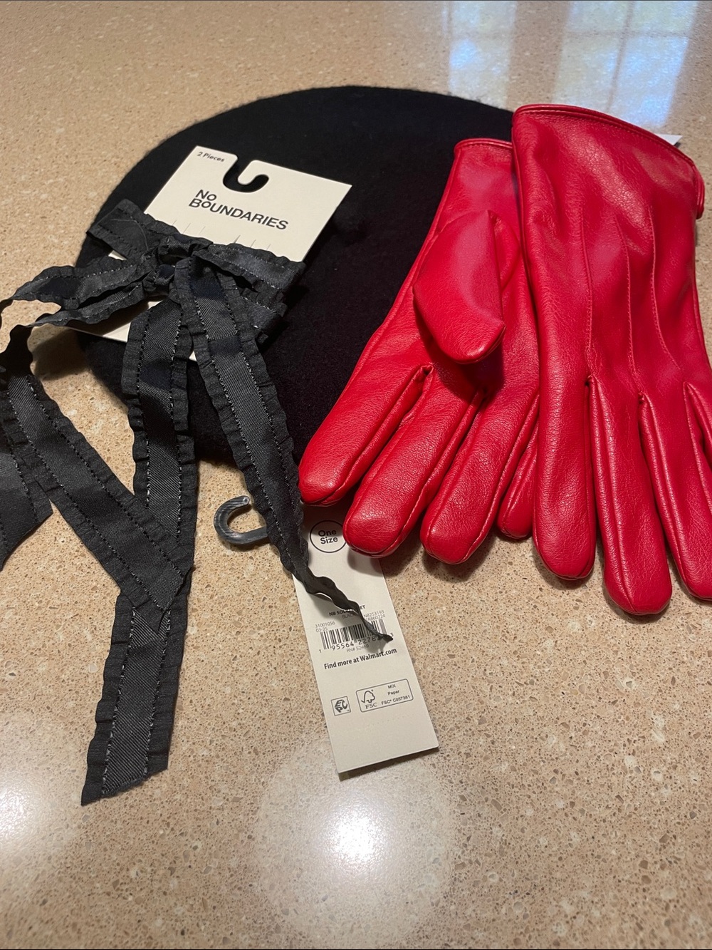 No Boundaries Bright Red Leather Women's Gloves, Black Beret, Barrettes